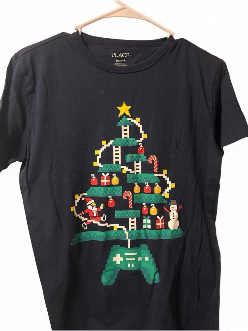 Place Black Tee with Pixel Gamer Christmas Tree